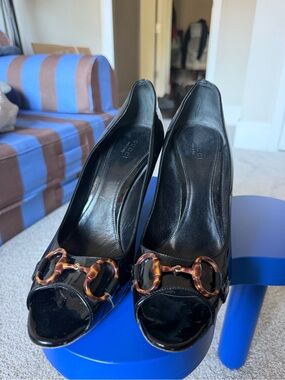 Gucci Black Patent Leather Horsebit Peep-Toe Heels